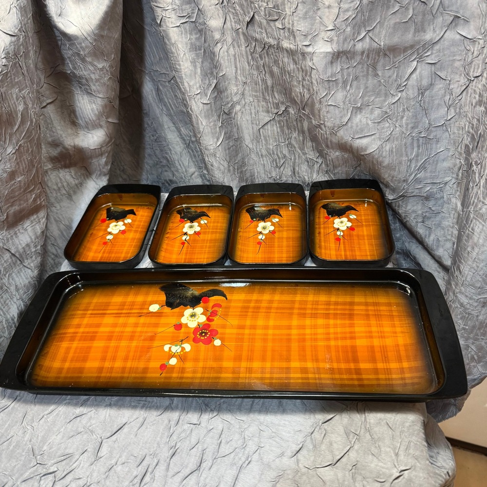 Arte Charao Nihon Shikko Lacquerware Tray Set 5pc Orange Plaid Floral Bird Japan